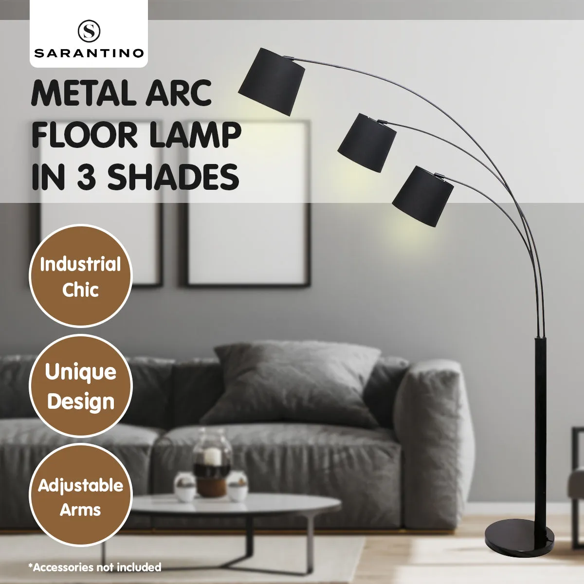 3-Light Arc Floor Lamp | Adjustable Black 3 Shades, Modern Style