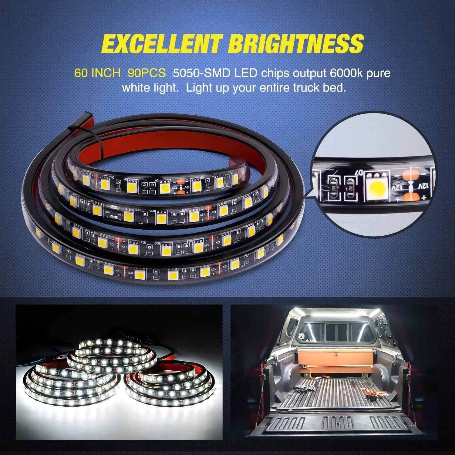 60 Inch 504Leds Red White Amber Triple Row LED Tailgate Light Strip 4Way Y-Splitter 3PCS