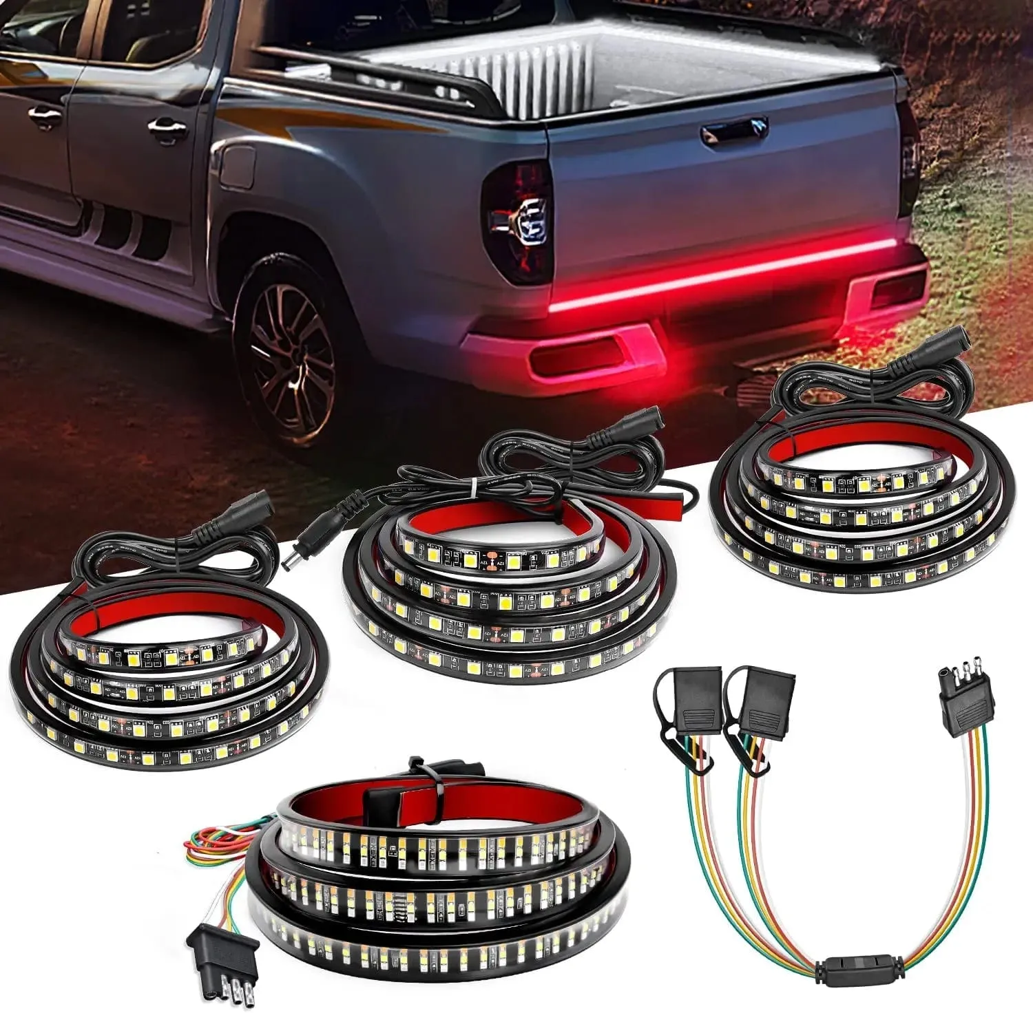 60 Inch 504Leds Red White Amber Triple Row LED Tailgate Light Strip 4Way Y-Splitter 3PCS