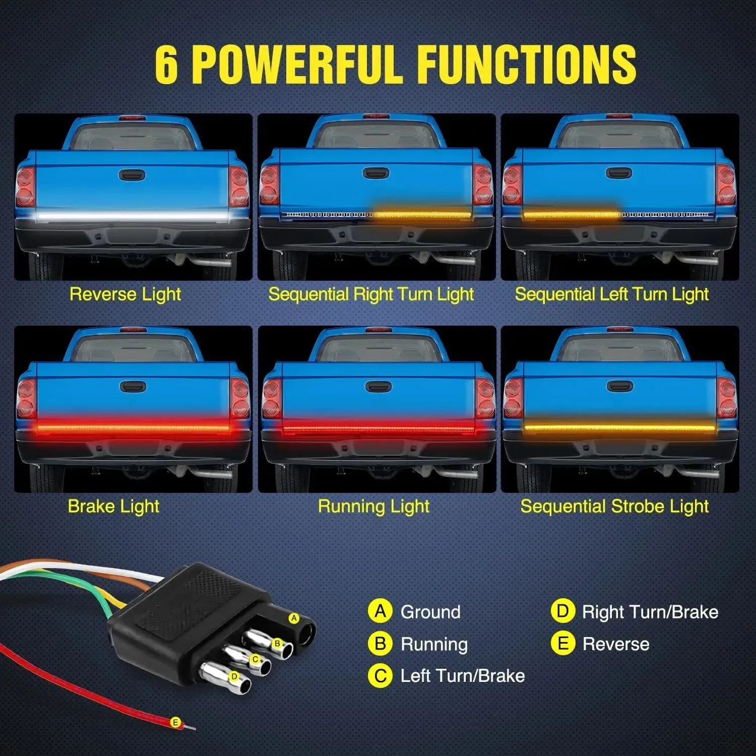 60 Inch 504Leds Red White Amber Triple Row LED Tailgate Light Strip 4Way Y-Splitter 3PCS