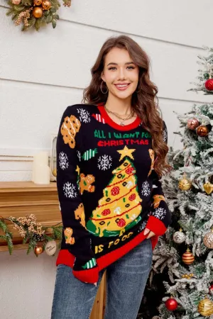 Casual Crewneck Embroidered Christmas Tree Sweater