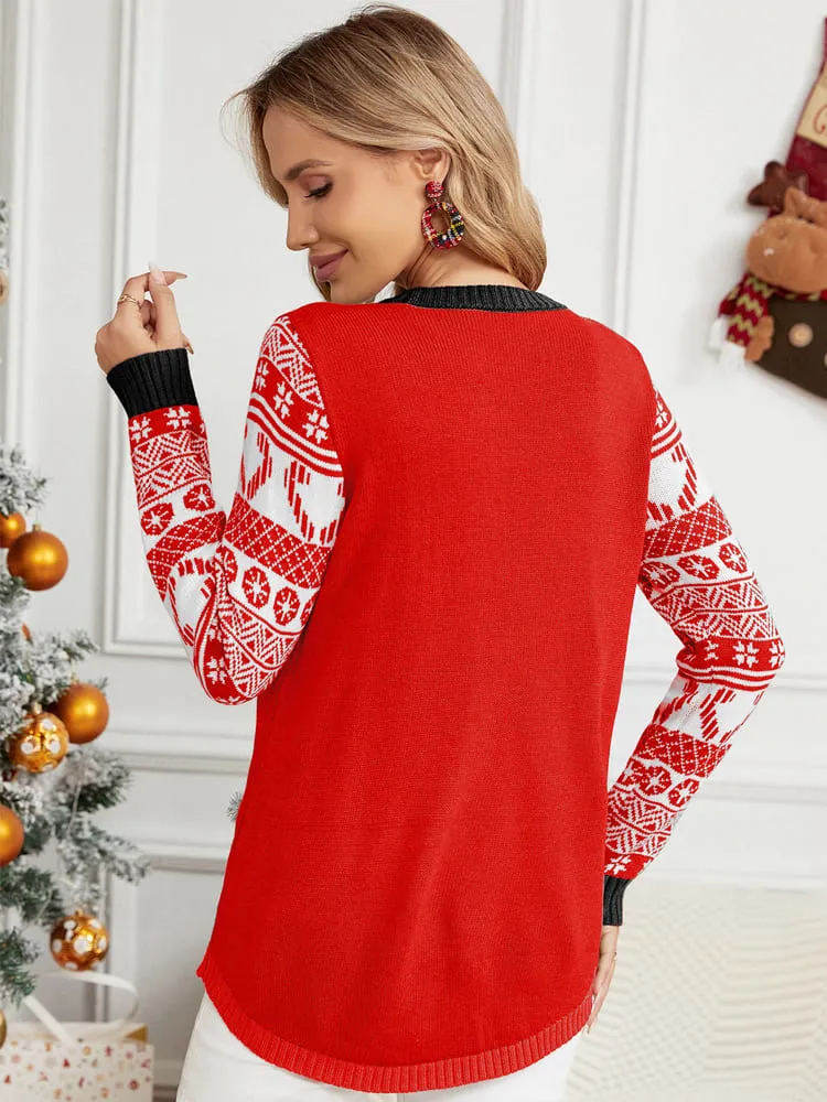 Christmas Long Sleeve Cat Appliqu Round Neck Sweater