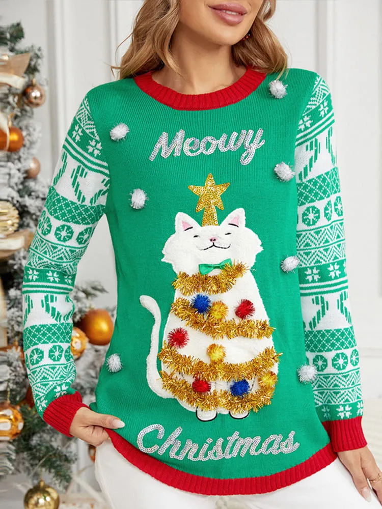 Christmas Long Sleeve Cat Appliqu Round Neck Sweater