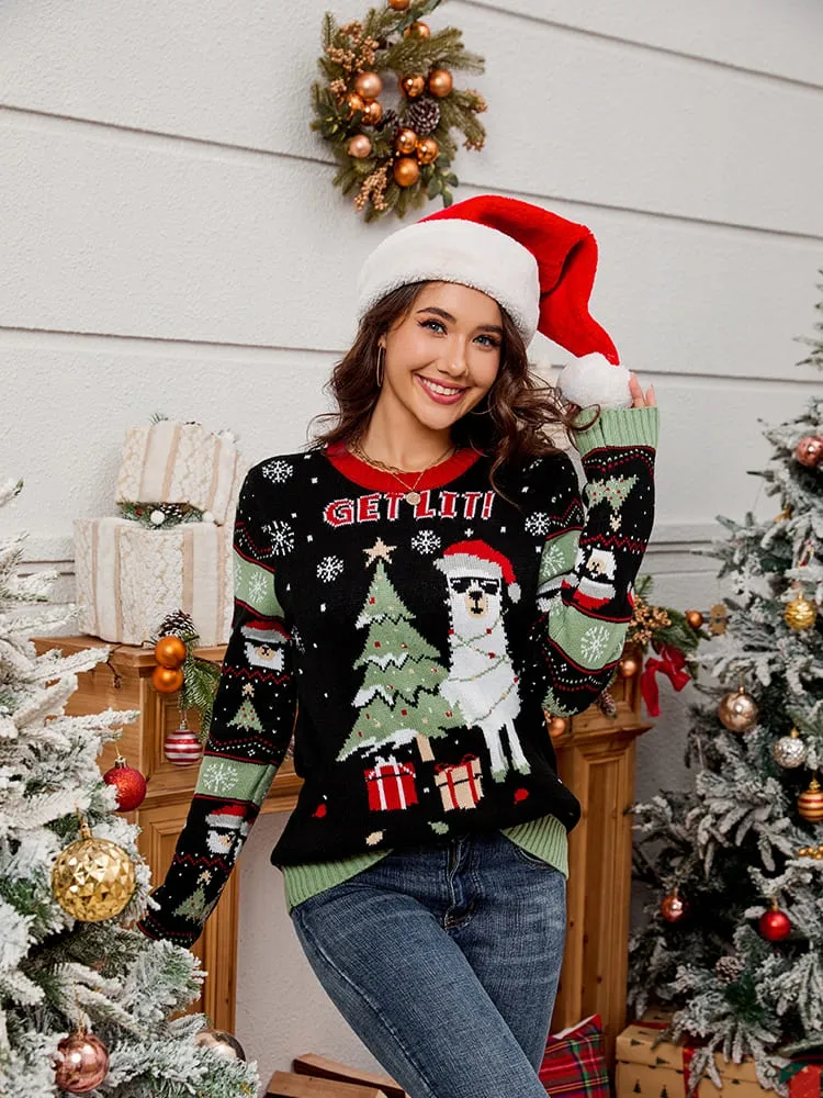 Crewneck Embroidered Knit Sweater  Alpaca & Christmas Tree