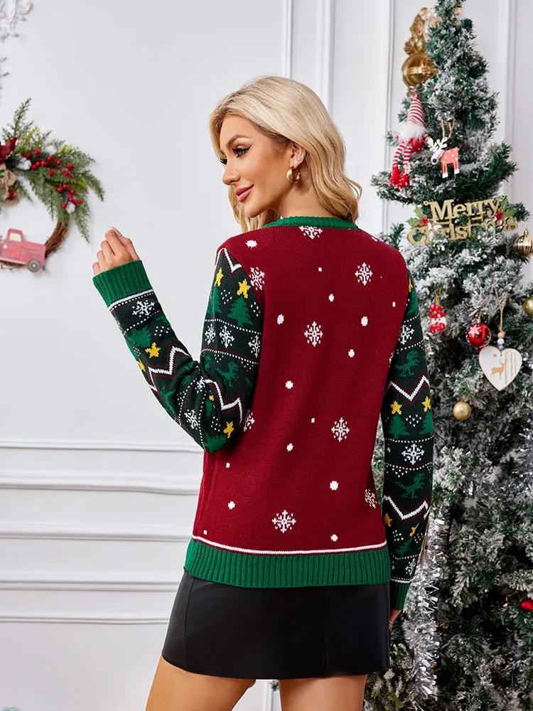 Crewneck Embroidered Sweater  Christmas Tree & Dinosaur