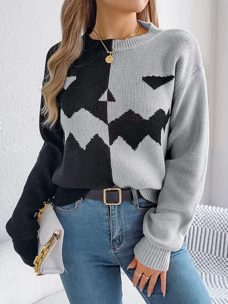 Ghost Pattern Long Sleeve Crew Neck Sweater