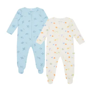 Turtles Ribbed & Little Fish Clever Zip Snug Fit Baby Pajamas 2 Pack